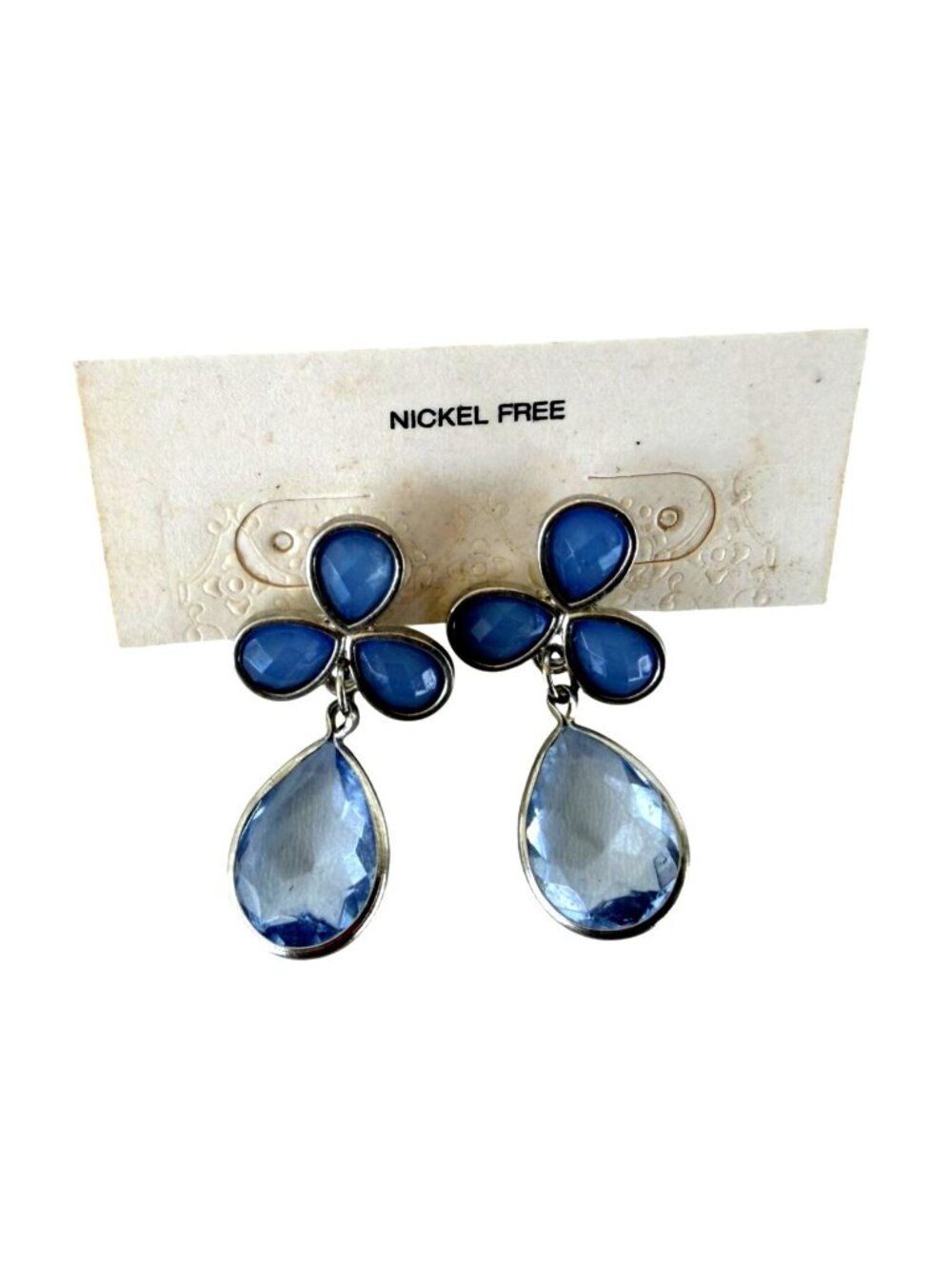 Vintage NOS Blue Teardrop & Clover Nickel-Free Dangle Pierced Earrings
